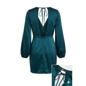 ​ASOS Satin Teal Green Long Balloon Sleeve Wrap Mini Dress Sz 0 V-Neck Cocktai